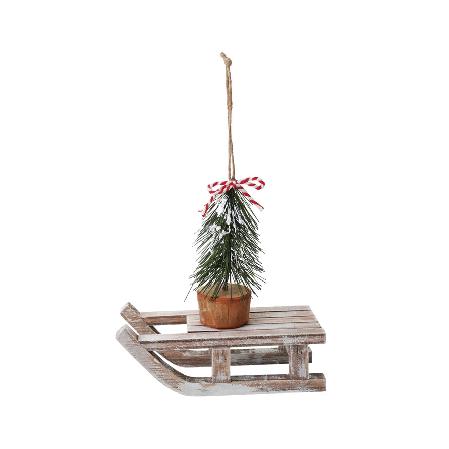 Wood Sled Ornament with Plastic Tree & Striped Bow