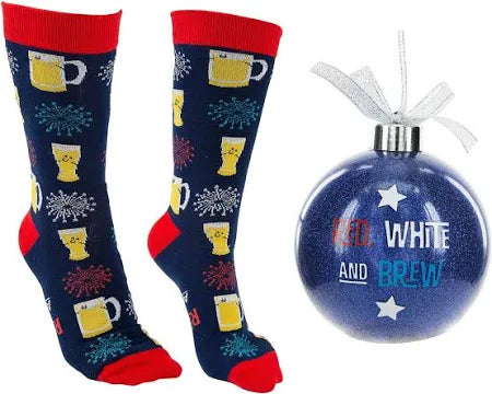 White and Brew 4" Ornament with Unisex Holiday Socks