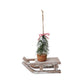 Wood Sled Ornament with Plastic Tree & Striped Bow