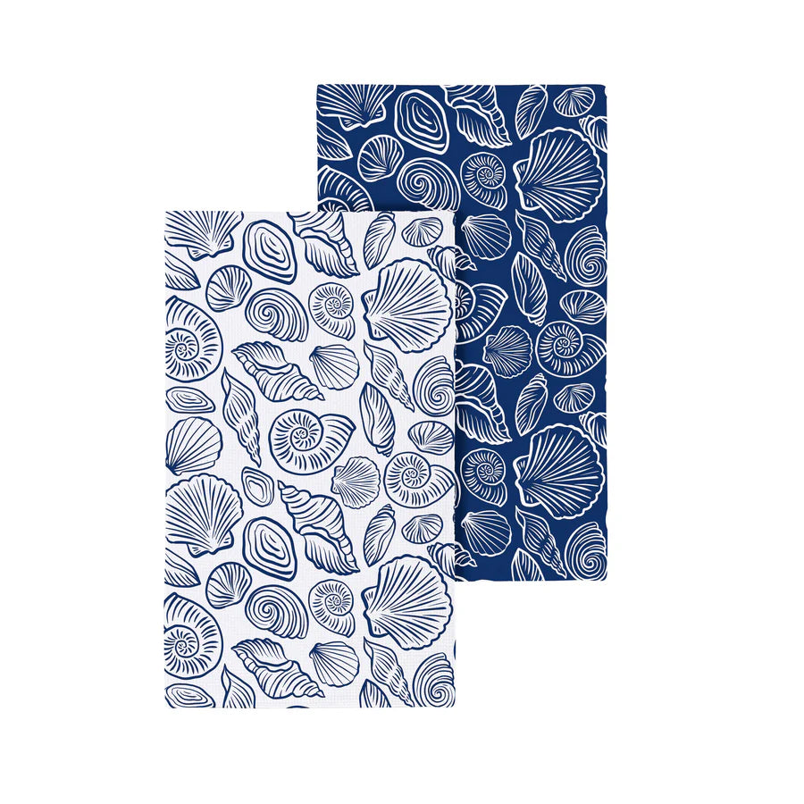 Blue Coastal Kitchen Towel Quick Dry Waffle Weave Double-Sided, Shells, 30"L x 18"W