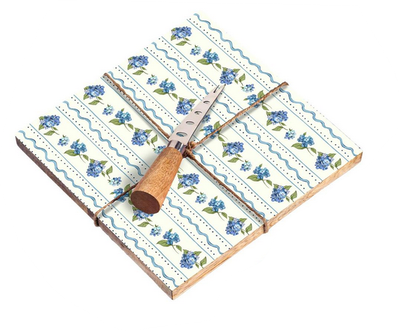 Blue Hydrangea Wooden Cheese Board w/ Knife