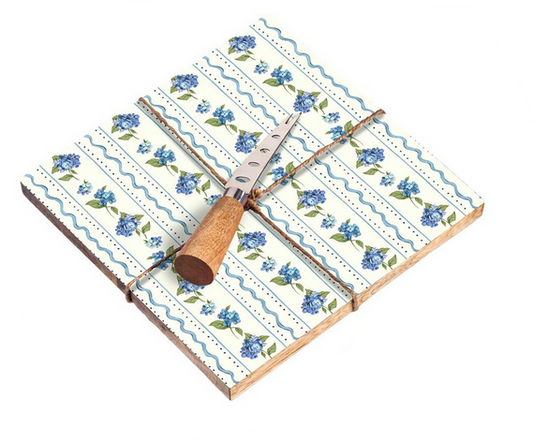 Blue Hydrangea Wooden Cheese Board w/ Knife