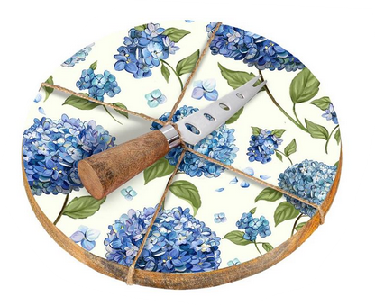 Blue Hydrangea Wooden Cheese Board w/ Knife